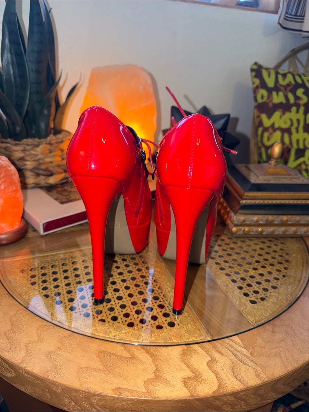 Red Patent Platform Lace-Up High Heel Booties - Women - Picture 5 of 9